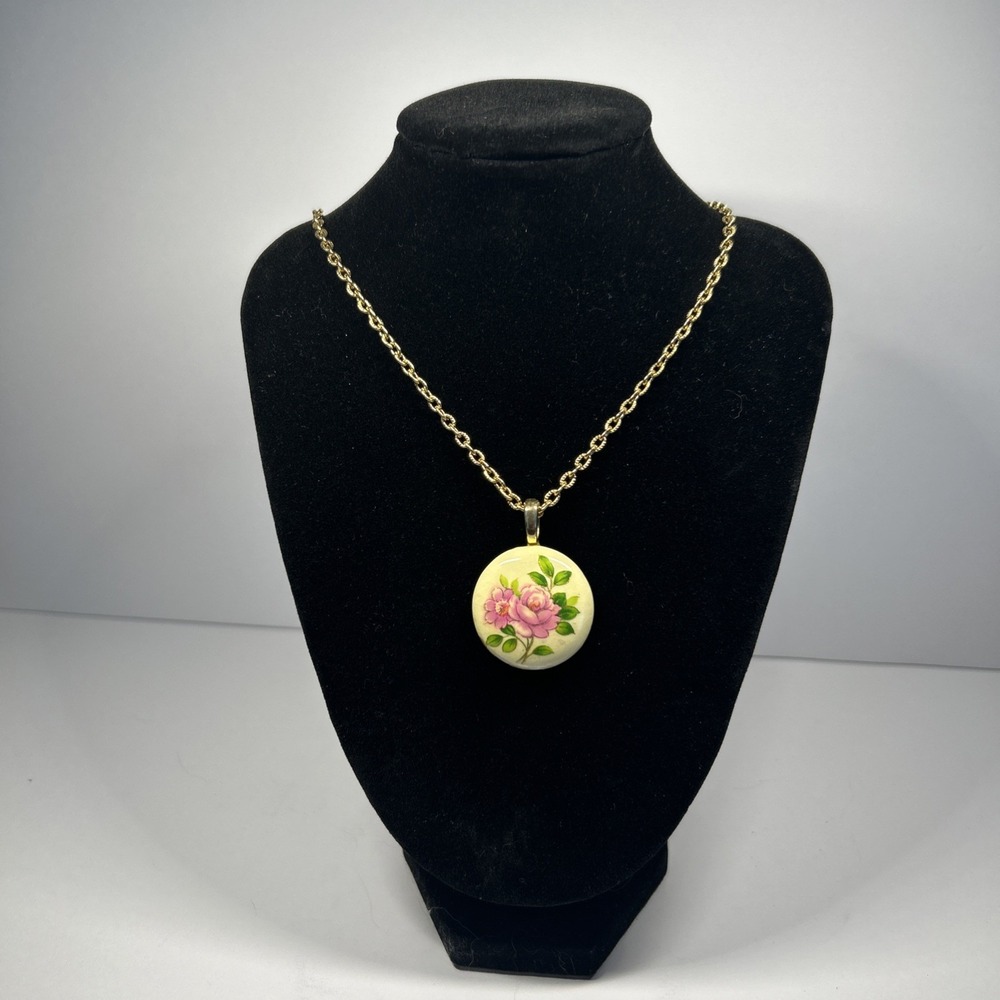 Vintage 70's Pink Rose Enamel Pendant With Gold Tone Chain